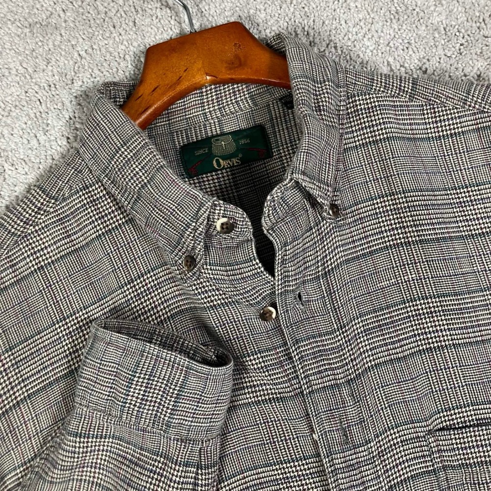 Vintage 90s Orvis Button Down Flannel Shirt Mens L Gray Glen Plaid Gun Club NICE